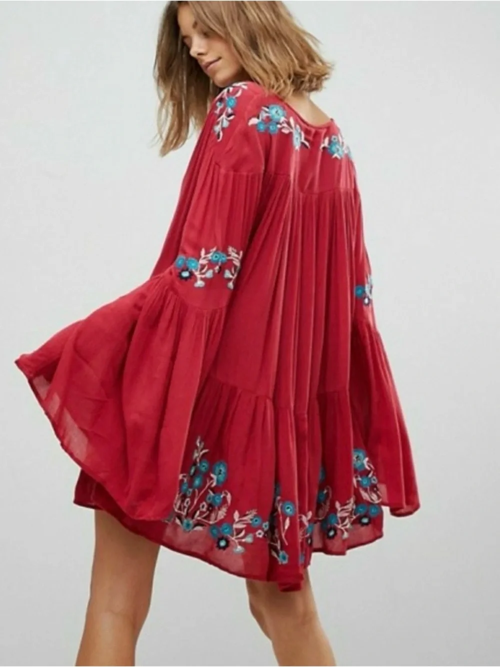 Free People Te Amo Floral Boho Mini Dress $148 Red XS Babydoll Embroidered Bell - Picture 2 of 10